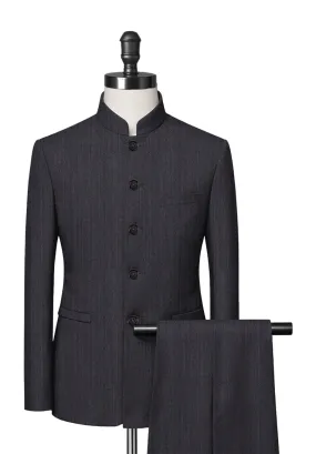 Dark Grey Herringbone Mandarin Collar Suit