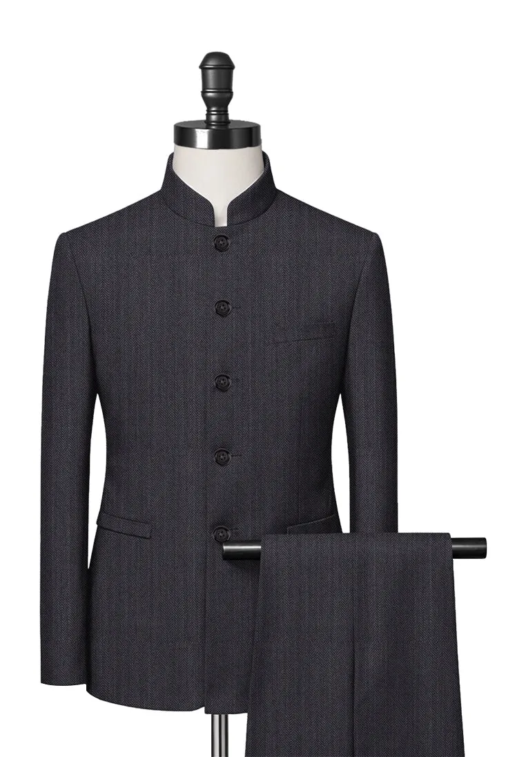 Dark Grey Herringbone Mandarin Collar Suit