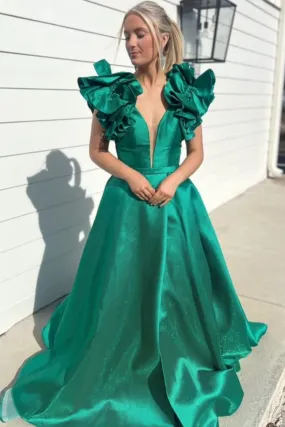Deep V Neck Green Satin Long Prom Dress, V Neck Green Formal Dress, Green Evening Dress A2045