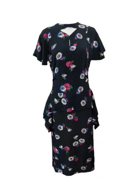 Eisenberg Original 40s Blue Rayon Floral Dress with Peplum