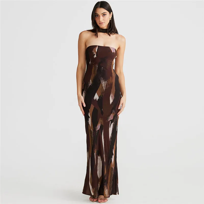 Elegant Tube Top Sexy Bare Back Printed Formal Dress