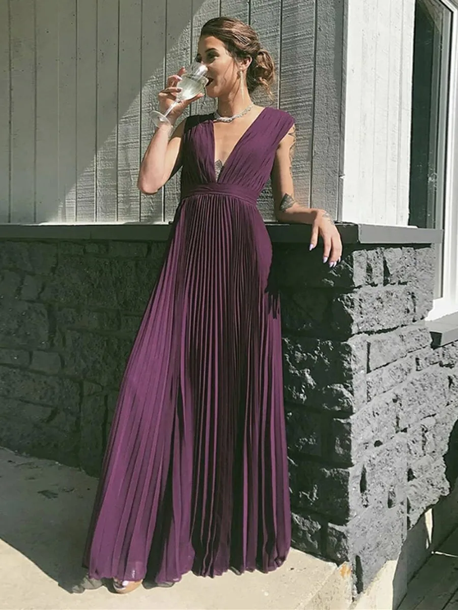 Elegant V Neck Purple Pleated Chiffon Long Prom, V Neck Purple Formal Graduation Evening