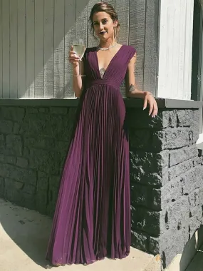 Elegant V Neck Purple Pleated Chiffon Long Prom, V Neck Purple Formal Graduation Evening
