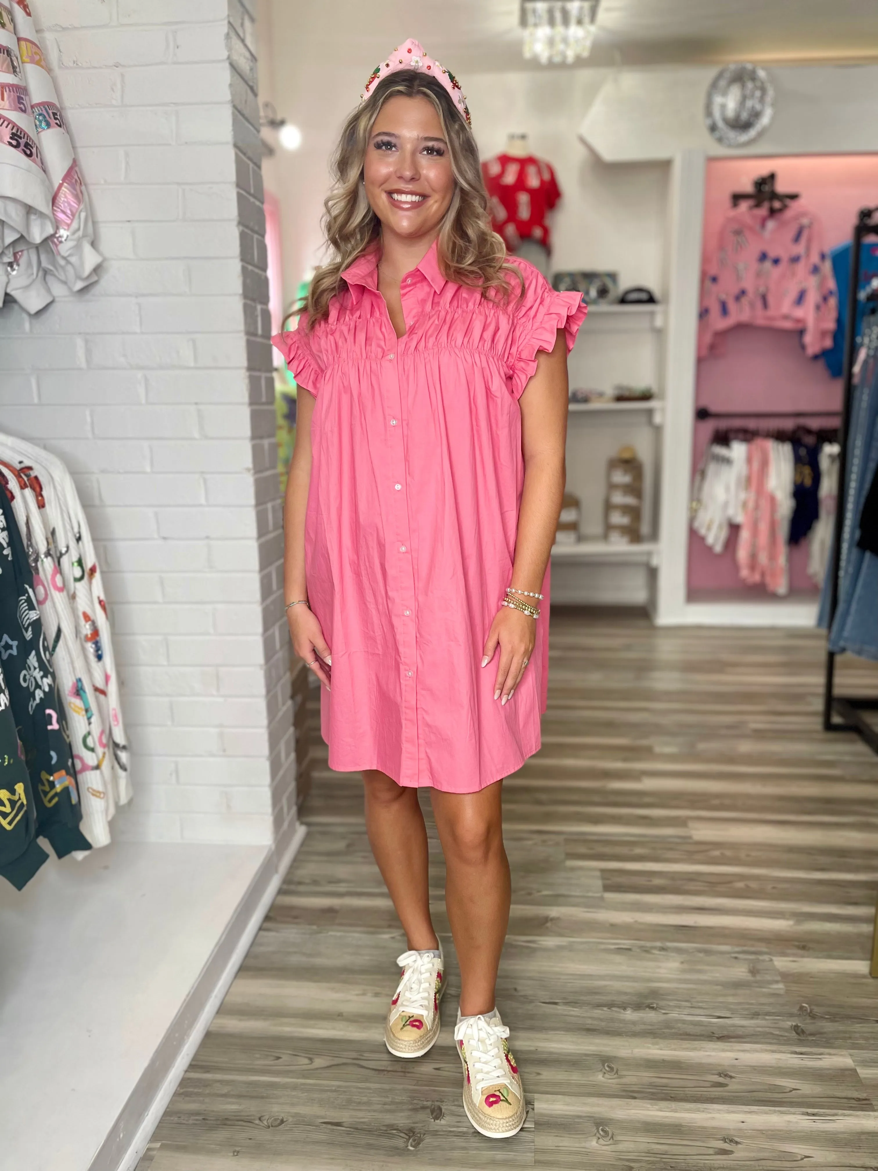 Elsa Gathered Shirt Dress - Pink