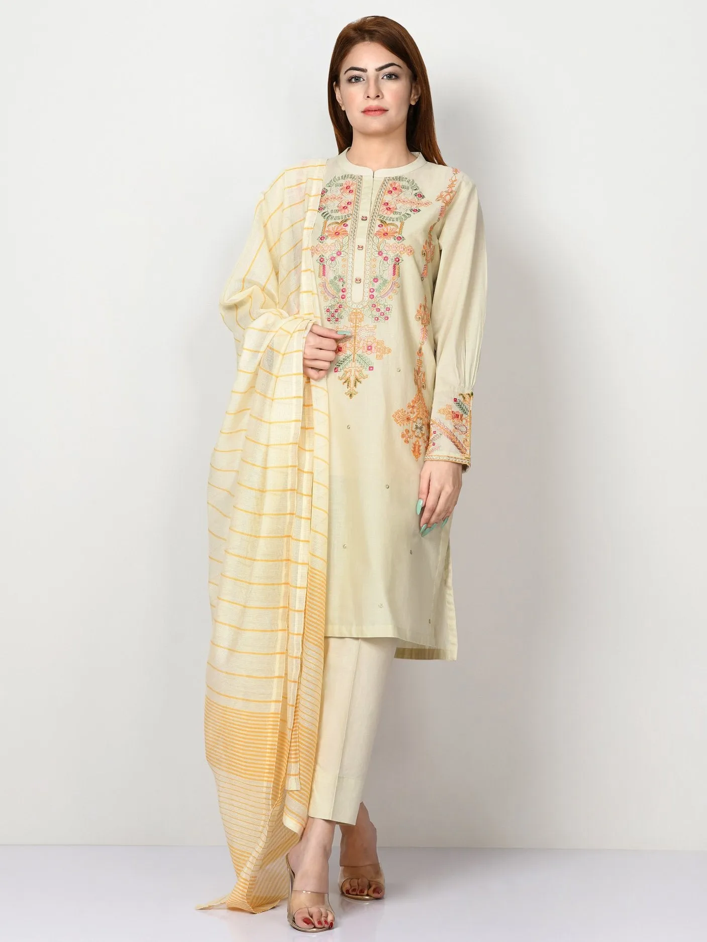 Embroidered Slub Lawn Suit