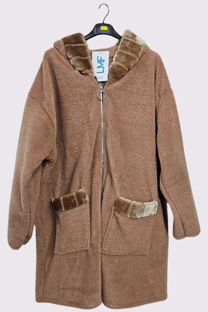 Faux Fur Collar Pocket Hooded Coat