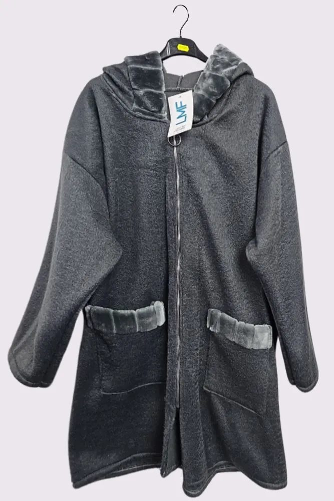 Faux Fur Collar Pocket Hooded Coat