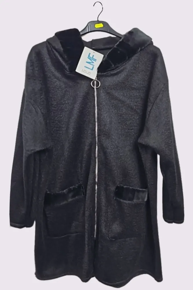 Faux Fur Collar Pocket Hooded Coat