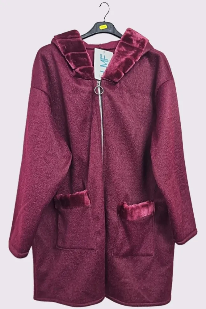 Faux Fur Collar Pocket Hooded Coat