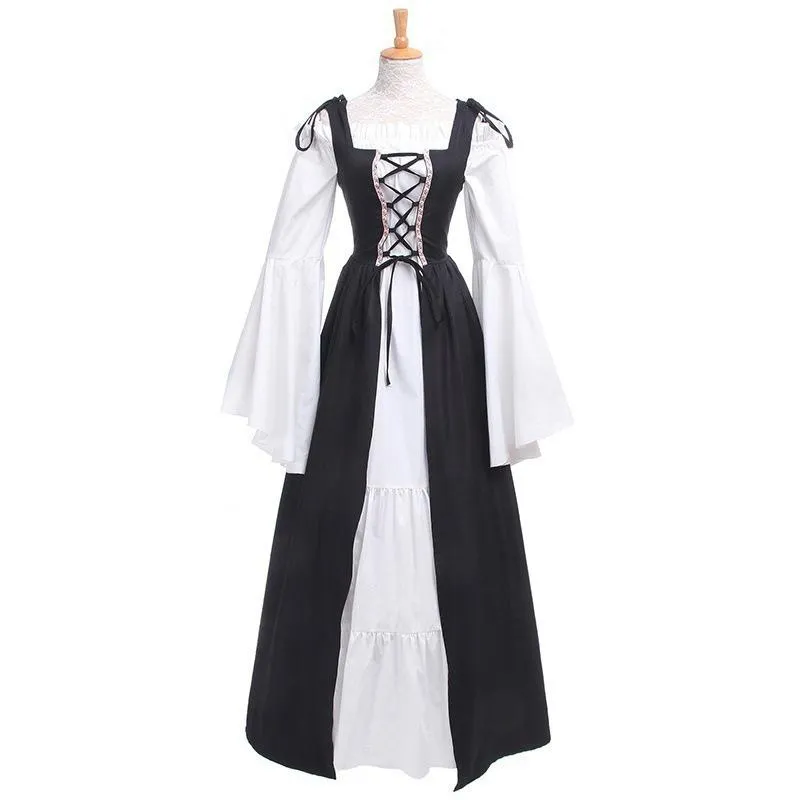 Female's Vintage Medieval Trumpet Sleeves Square Neck Large Swing Long Dress | Renaissance Evening Gowns