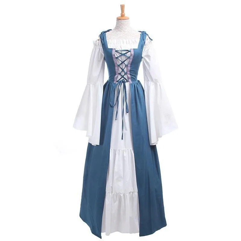Female's Vintage Medieval Trumpet Sleeves Square Neck Large Swing Long Dress | Renaissance Evening Gowns