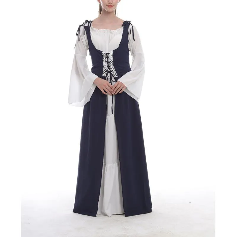 Female's Vintage Medieval Trumpet Sleeves Square Neck Large Swing Long Dress | Renaissance Evening Gowns
