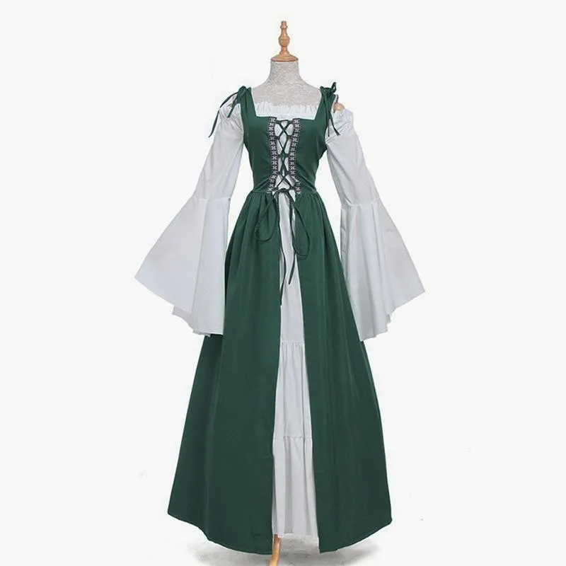Female's Vintage Medieval Trumpet Sleeves Square Neck Large Swing Long Dress | Renaissance Evening Gowns