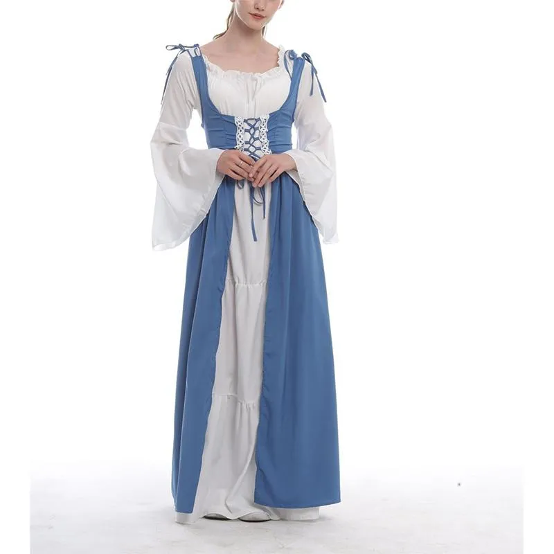 Female's Vintage Medieval Trumpet Sleeves Square Neck Large Swing Long Dress | Renaissance Evening Gowns