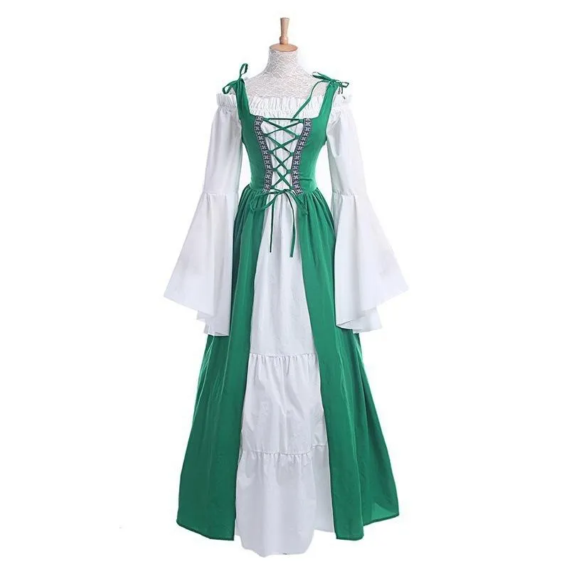 Female's Vintage Medieval Trumpet Sleeves Square Neck Large Swing Long Dress | Renaissance Evening Gowns
