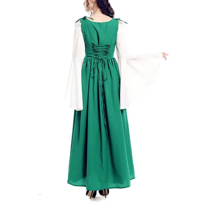 Female's Vintage Medieval Trumpet Sleeves Square Neck Large Swing Long Dress | Renaissance Evening Gowns
