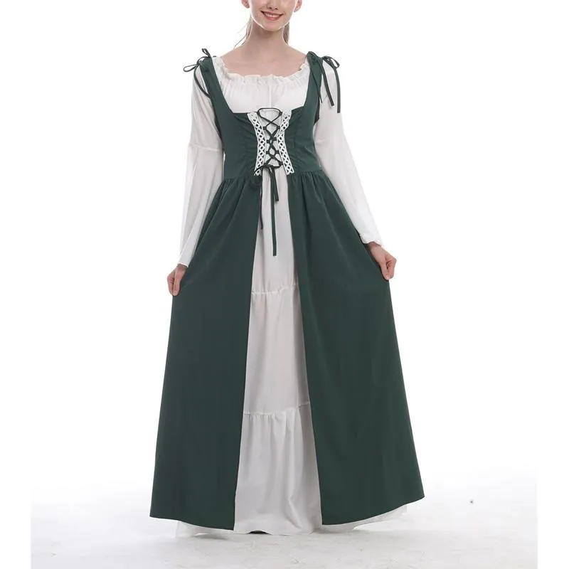 Female's Vintage Medieval Trumpet Sleeves Square Neck Large Swing Long Dress | Renaissance Evening Gowns