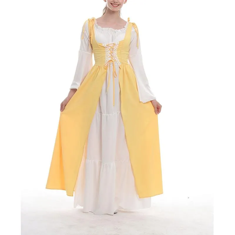 Female's Vintage Medieval Trumpet Sleeves Square Neck Large Swing Long Dress | Renaissance Evening Gowns
