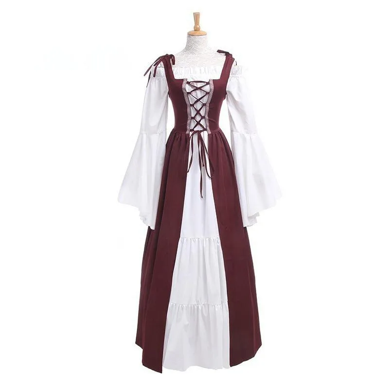 Female's Vintage Medieval Trumpet Sleeves Square Neck Large Swing Long Dress | Renaissance Evening Gowns