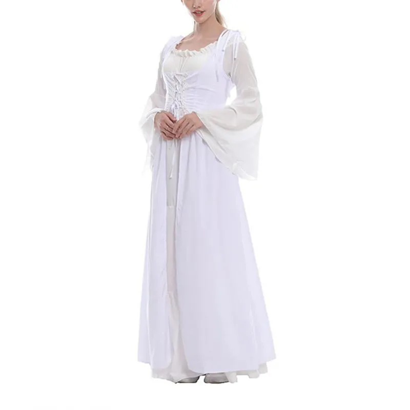 Female's Vintage Medieval Trumpet Sleeves Square Neck Large Swing Long Dress | Renaissance Evening Gowns