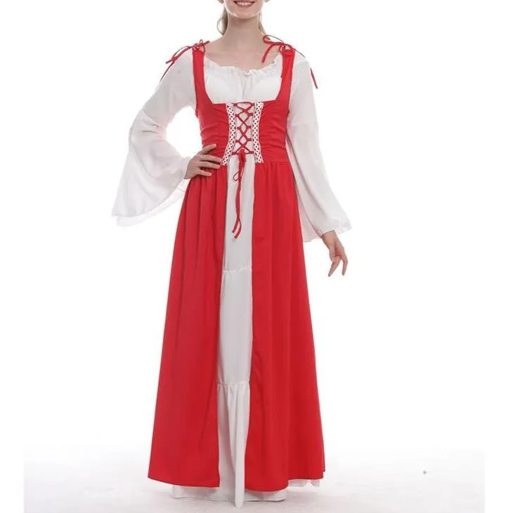 Female's Vintage Medieval Trumpet Sleeves Square Neck Large Swing Long Dress | Renaissance Evening Gowns