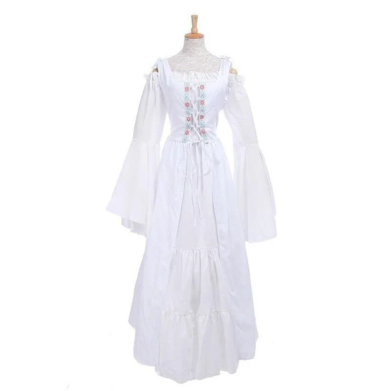 Female's Vintage Medieval Trumpet Sleeves Square Neck Large Swing Long Dress | Renaissance Evening Gowns
