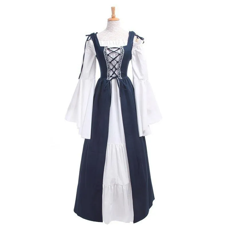 Female's Vintage Medieval Trumpet Sleeves Square Neck Large Swing Long Dress | Renaissance Evening Gowns