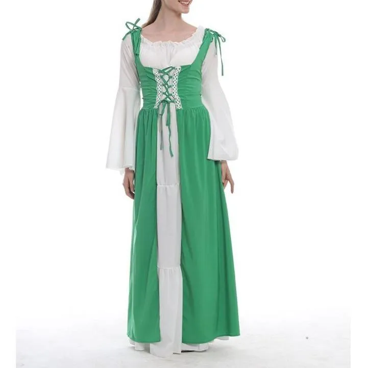 Female's Vintage Medieval Trumpet Sleeves Square Neck Large Swing Long Dress | Renaissance Evening Gowns
