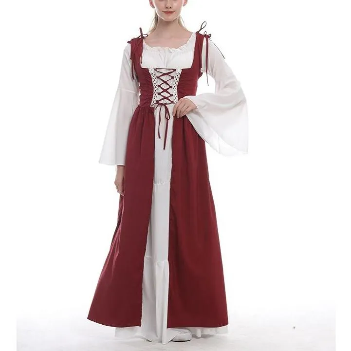 Female's Vintage Medieval Trumpet Sleeves Square Neck Large Swing Long Dress | Renaissance Evening Gowns