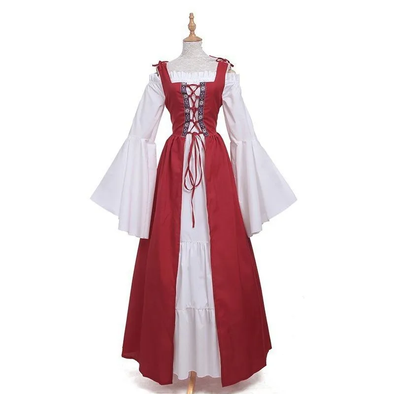 Female's Vintage Medieval Trumpet Sleeves Square Neck Large Swing Long Dress | Renaissance Evening Gowns