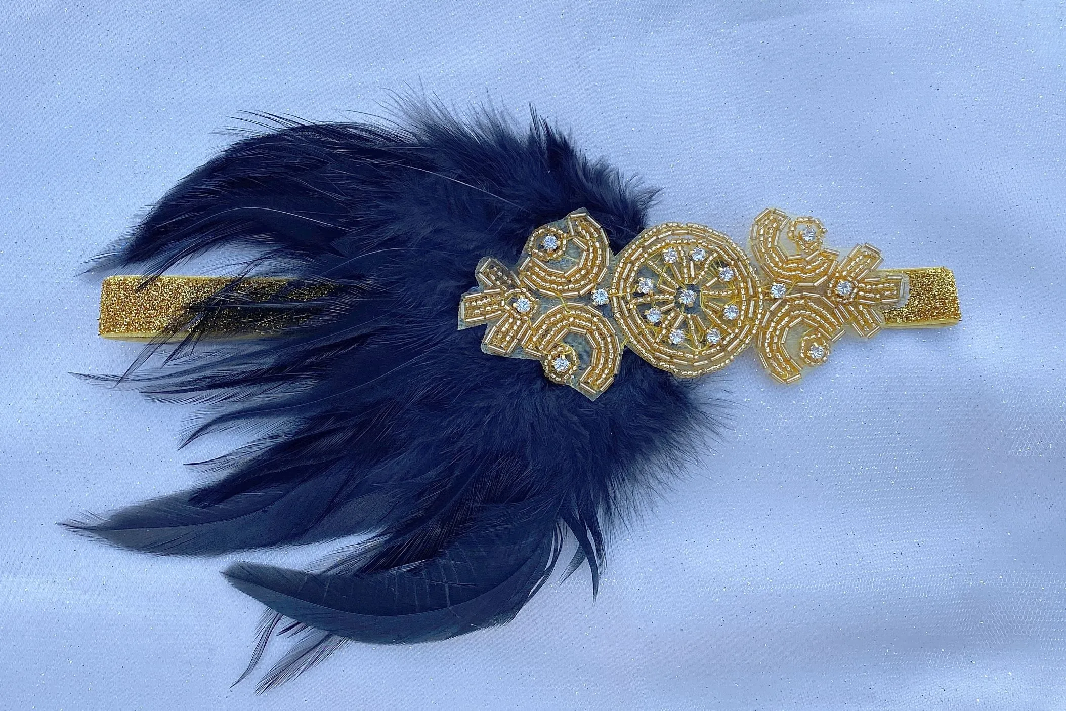 Flapper Headband in Gold with Beading and Feathers