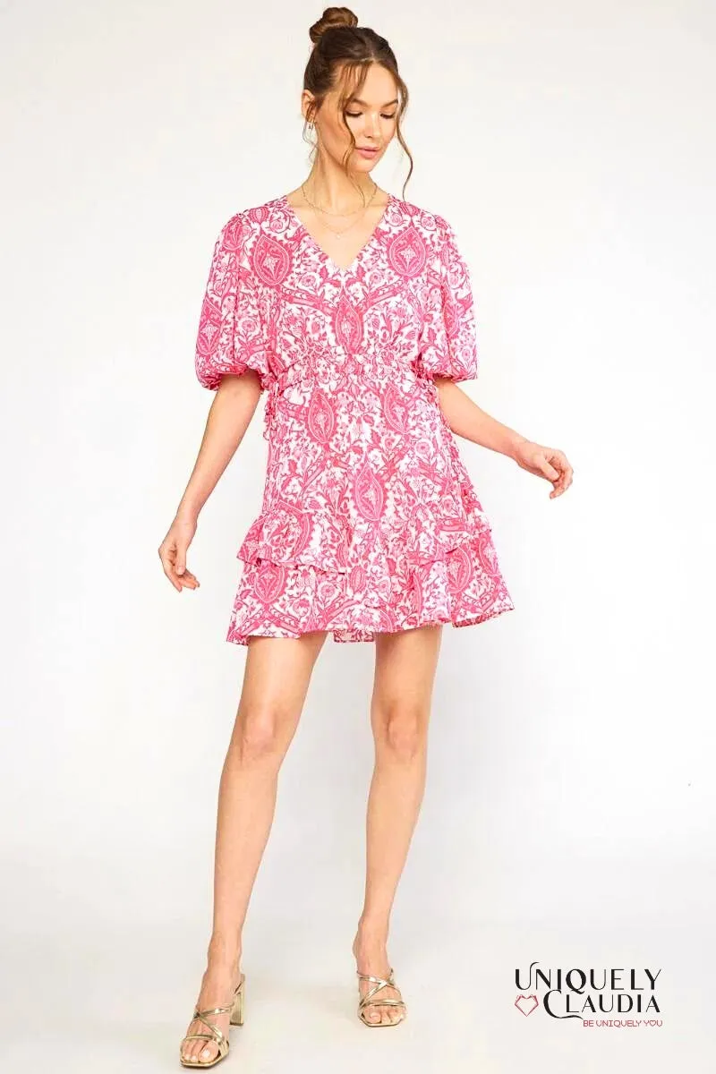Francesca Ornate Print Puff Sleeves Ruffle Dress