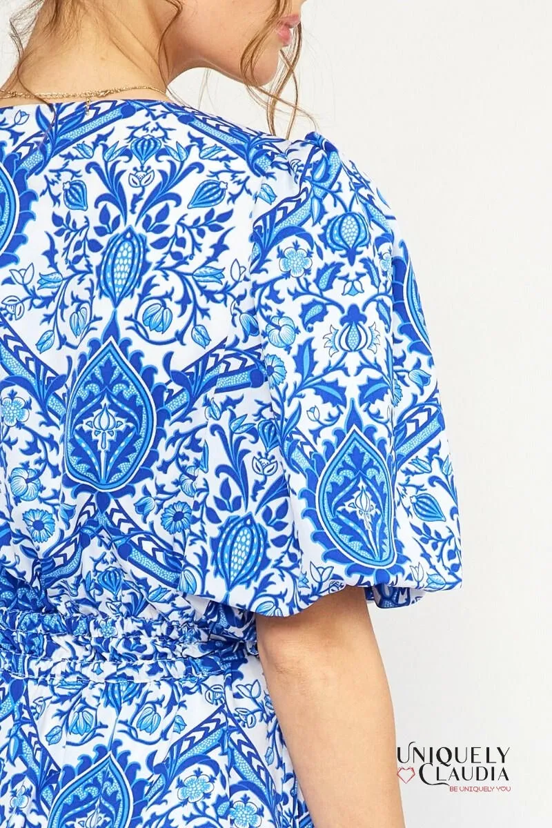 Francesca Ornate Print Puff Sleeves Ruffle Dress