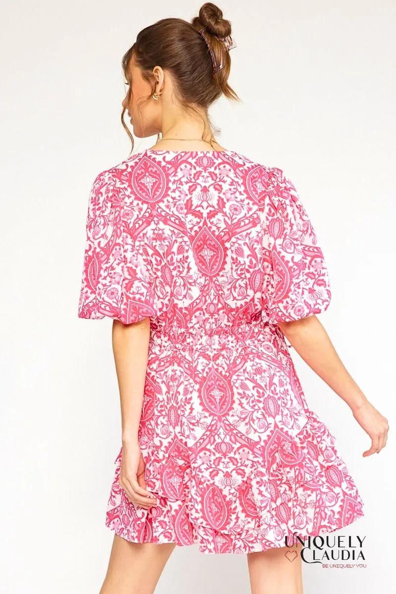 Francesca Ornate Print Puff Sleeves Ruffle Dress