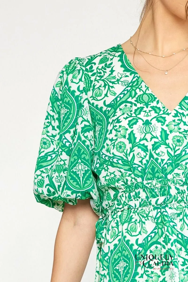 Francesca Ornate Print Puff Sleeves Ruffle Dress