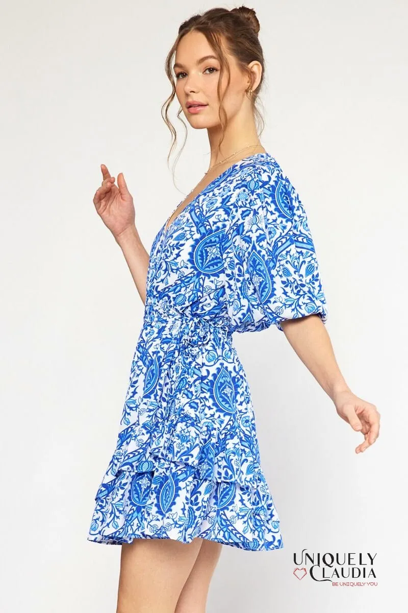 Francesca Ornate Print Puff Sleeves Ruffle Dress