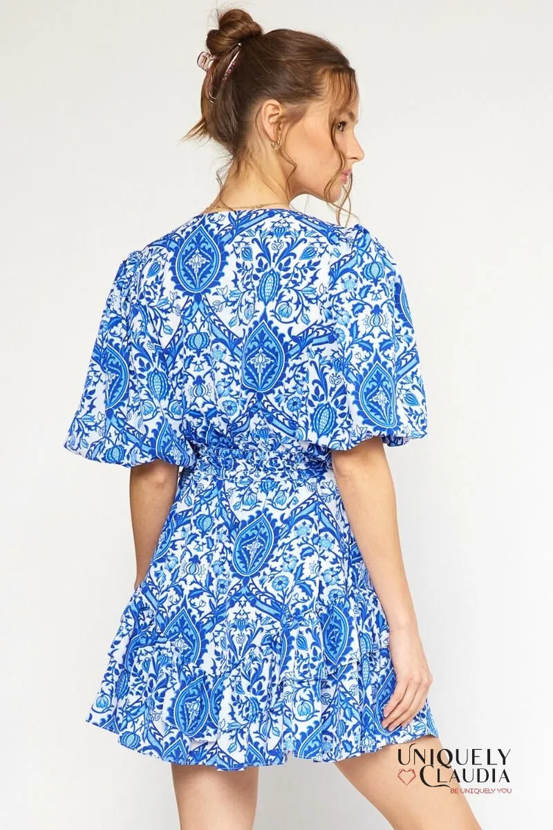 Francesca Ornate Print Puff Sleeves Ruffle Dress