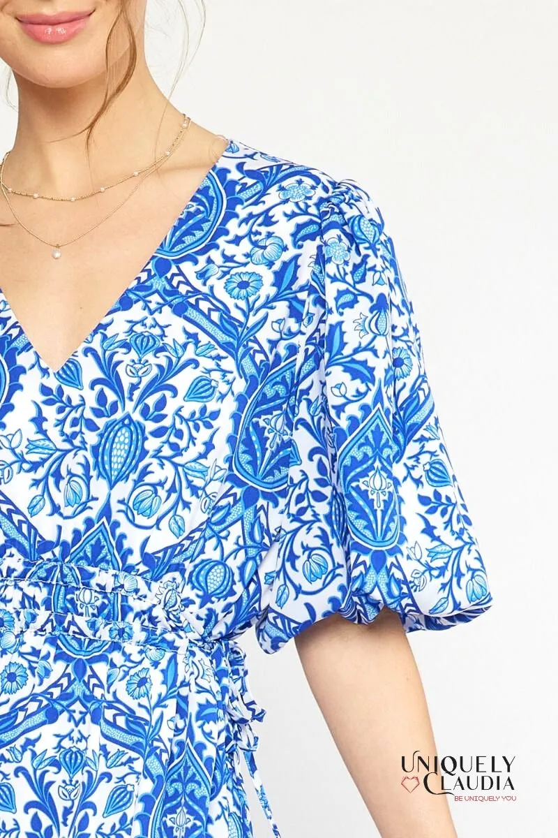 Francesca Ornate Print Puff Sleeves Ruffle Dress