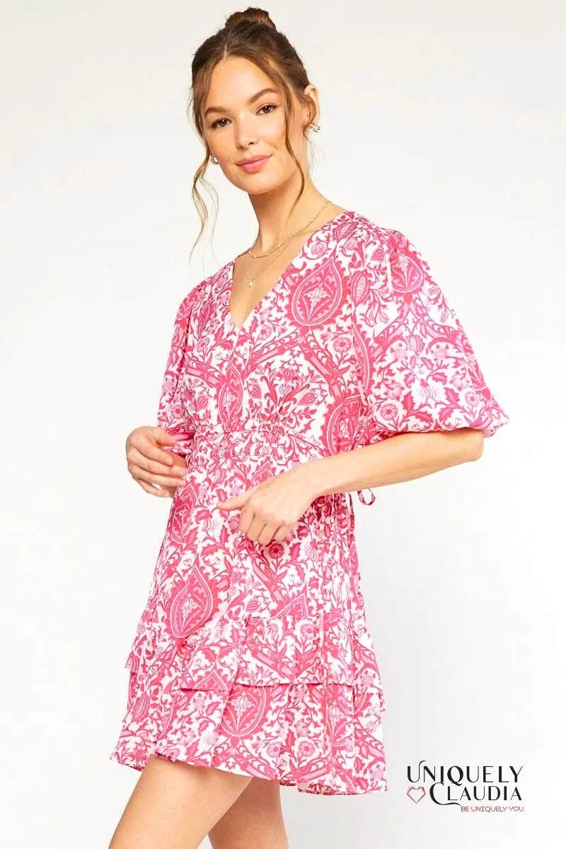 Francesca Ornate Print Puff Sleeves Ruffle Dress