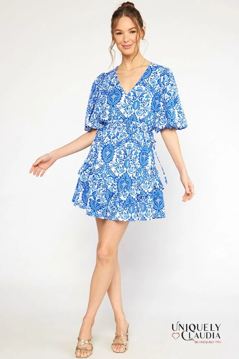Francesca Ornate Print Puff Sleeves Ruffle Dress