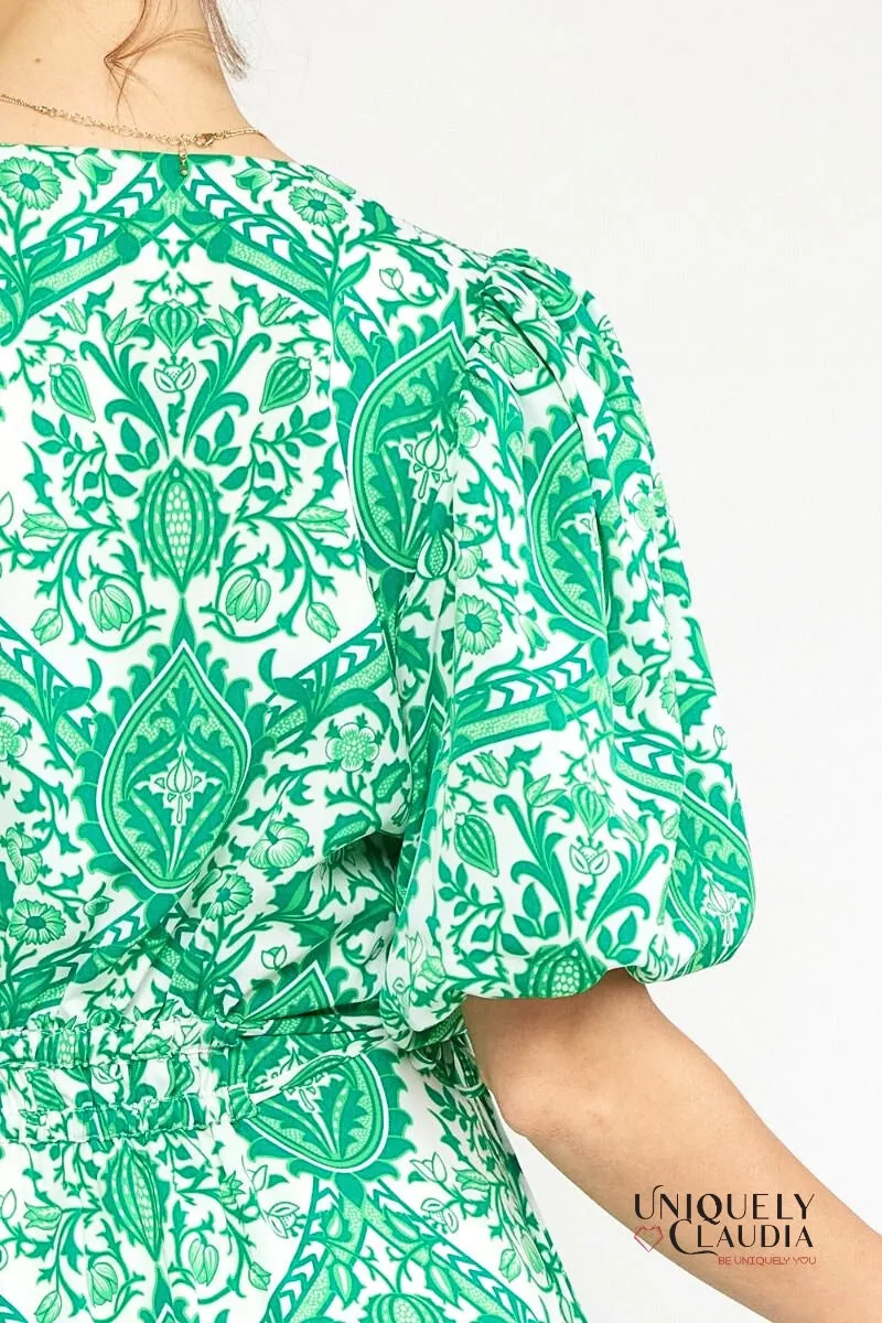 Francesca Ornate Print Puff Sleeves Ruffle Dress