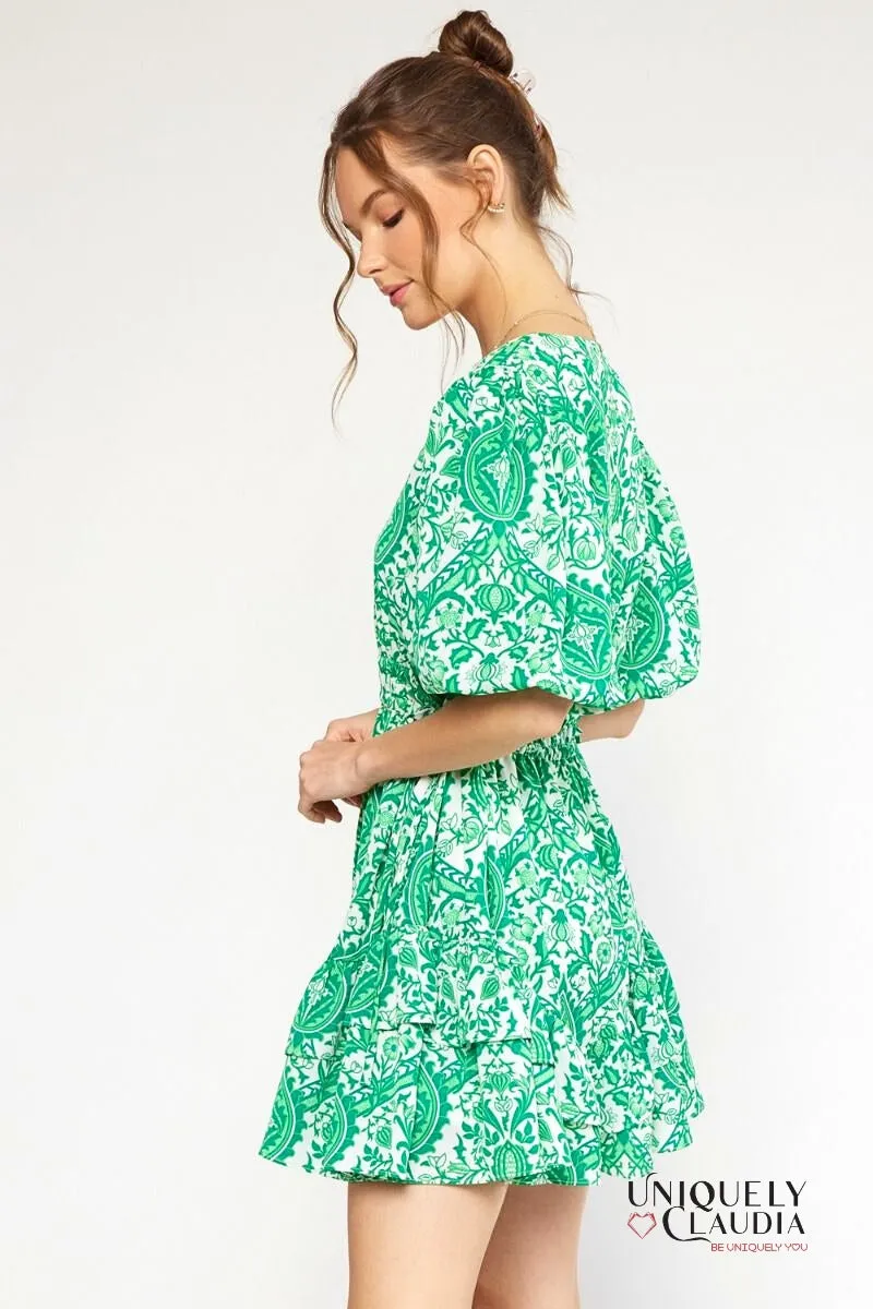 Francesca Ornate Print Puff Sleeves Ruffle Dress
