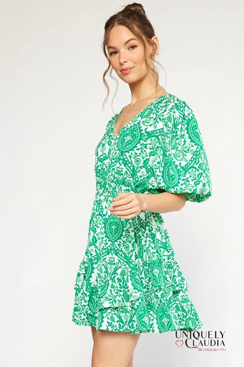 Francesca Ornate Print Puff Sleeves Ruffle Dress