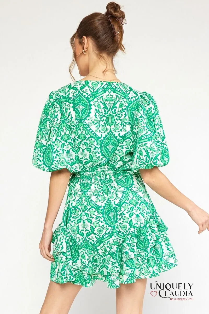 Francesca Ornate Print Puff Sleeves Ruffle Dress