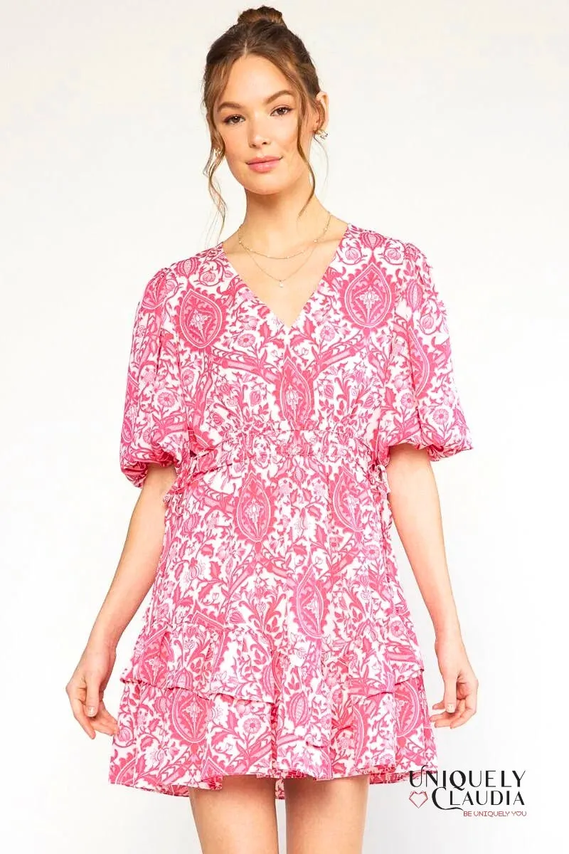 Francesca Ornate Print Puff Sleeves Ruffle Dress