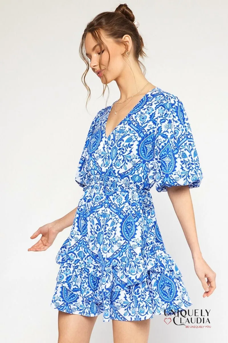 Francesca Ornate Print Puff Sleeves Ruffle Dress