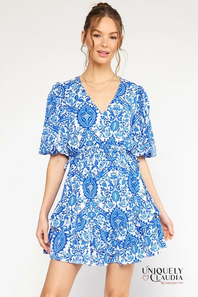 Francesca Ornate Print Puff Sleeves Ruffle Dress