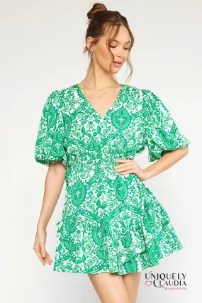 Francesca Ornate Print Puff Sleeves Ruffle Dress