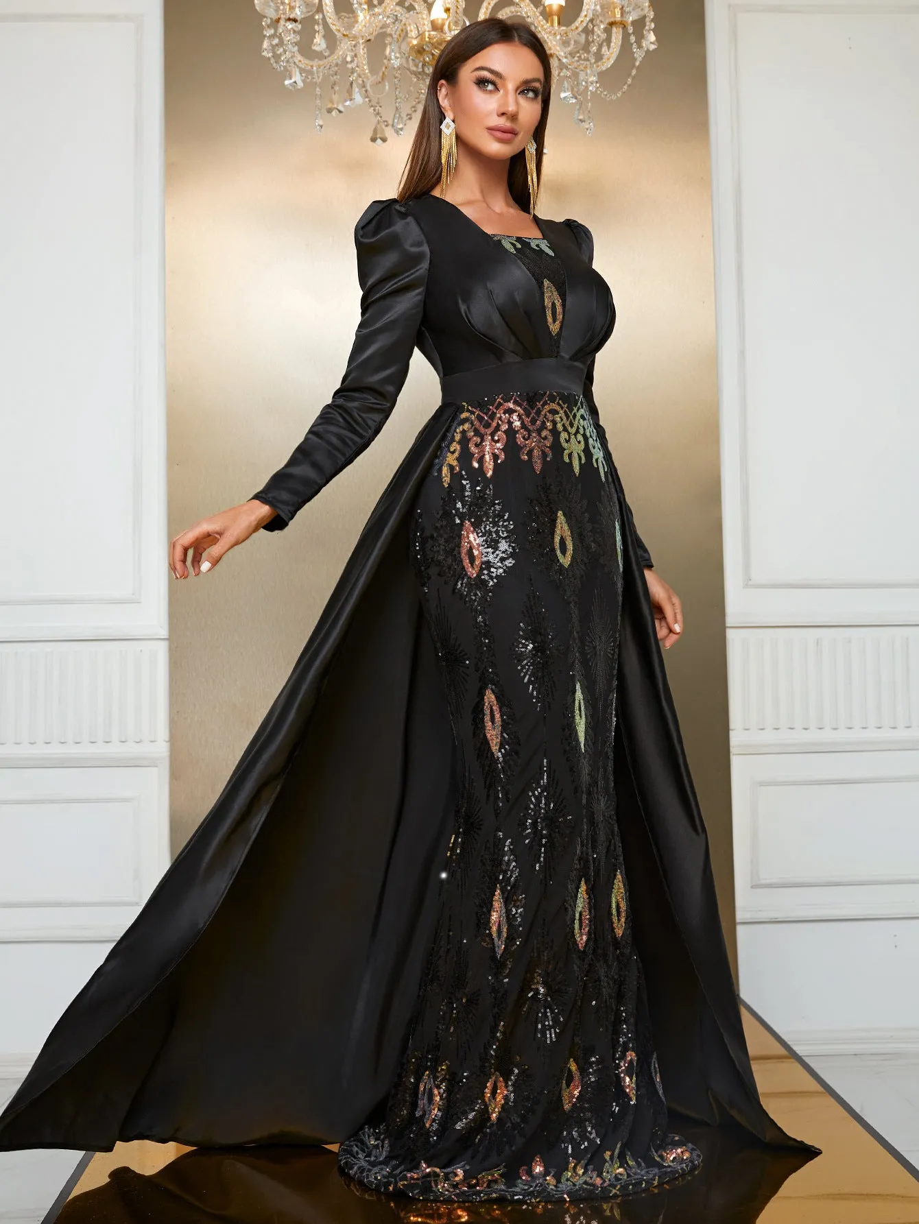 Fulgent Peacock Feather Sequin Party Dress
