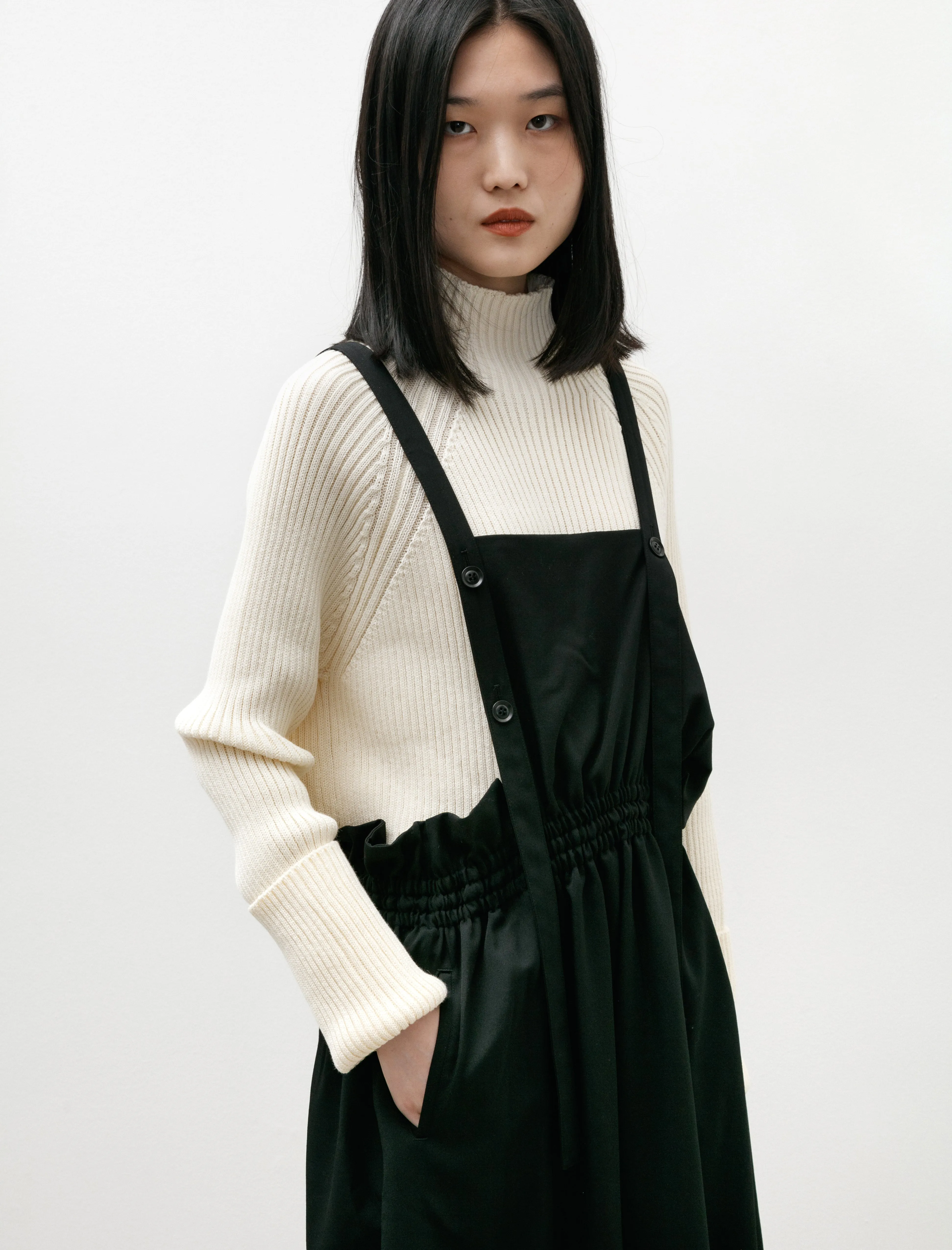 Gabardine Gathered Suspender Dress Black
